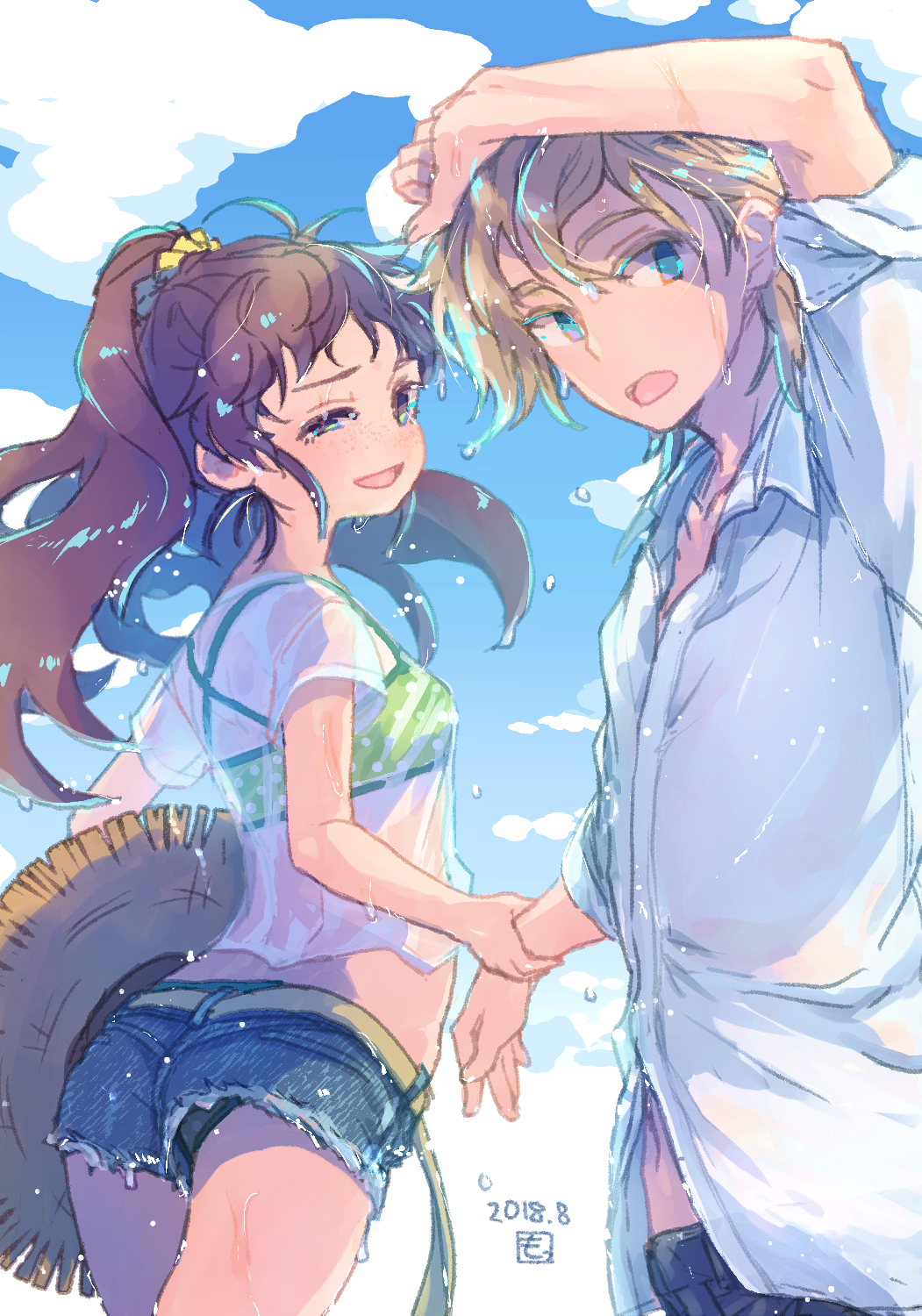 1boy 1girl 2018 arm_up belt bikini bikini_under_clothes blonde_hair blue_eyes blue_shorts blue_sky brown_eyes brown_hair cloud collarbone collared_shirt day denim denim_shorts dress_shirt floating_hair freckles green_bikini hair_ornament hair_scrunchie half-closed_eyes hat highres holding holding_another&#039;s_wrist holding_unworn_clothes holding_unworn_hat isuzu_(log_horizon) log_horizon long_hair lunderhaus_cord midriff mo_(deciliter) navel outdoors polka_dot polka_dot_bikini ponytail scrunchie shirt short_shorts shorts sky stomach straw_hat sun_hat swimsuit unworn_hat unworn_headwear wet wet_clothes wet_hair wet_shirt white_shirt wing_collar yellow_belt yellow_scrunchie