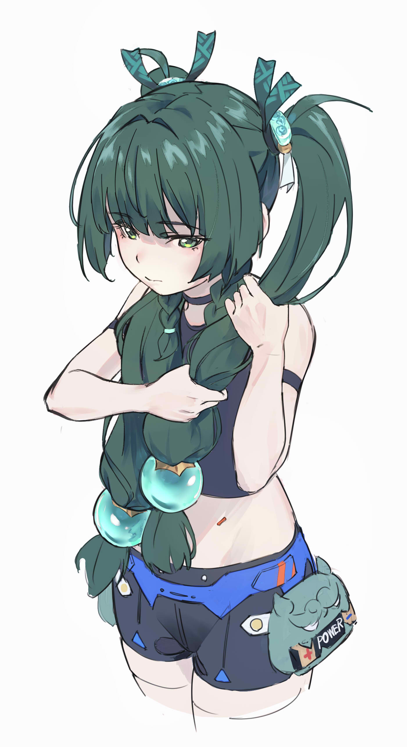 1girl a.k.a.zkin absurdres android arm_strap arms_up battery black_shirt black_shorts braided_sidelocks closed_mouth commentary cowboy_shot crop_top cropped_legs green_eyes green_hair green_ribbon grey_background hair_ornament hair_ribbon hairdressing highres holding holding_own_hair long_hair looking_ahead midriff qingyi_(zenless_zone_zero) ribbon shirt shorts simple_background sleeveless sleeveless_shirt solo standing twintails very_long_hair zenless_zone_zero