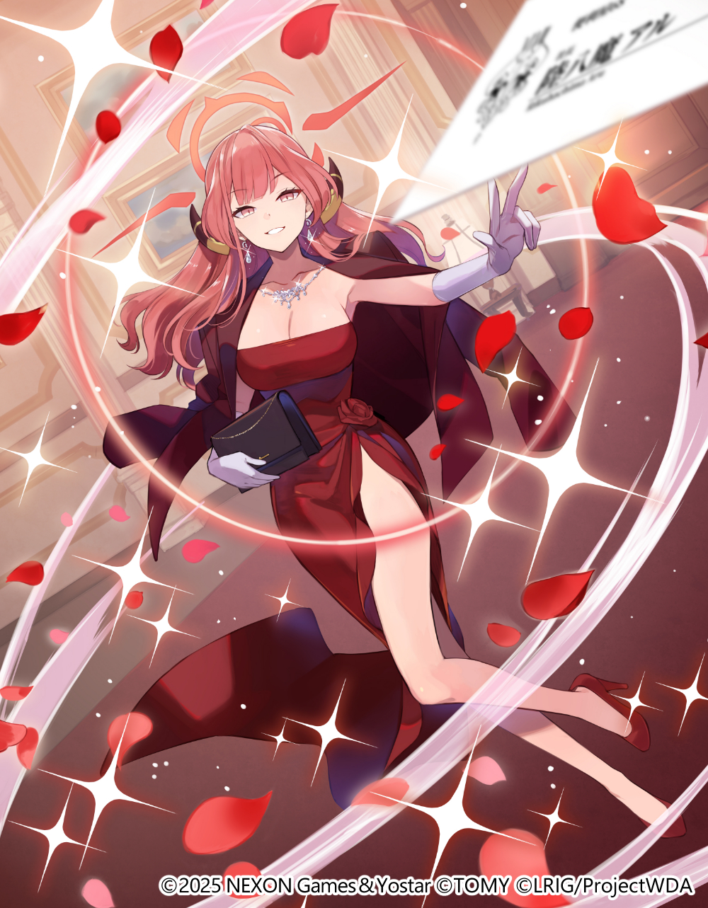 1girl aru_(blue_archive) aru_(dress)_(blue_archive) blue_archive breasts brown_horns coat coat_on_shoulders demon_horns diamond_necklace dress gloves halo highres horns jewelry necklace official_alternate_costume official_art pink_hair pink_halo red_coat red_dress solo white_gloves wixoss yuko_(uc_yuk)