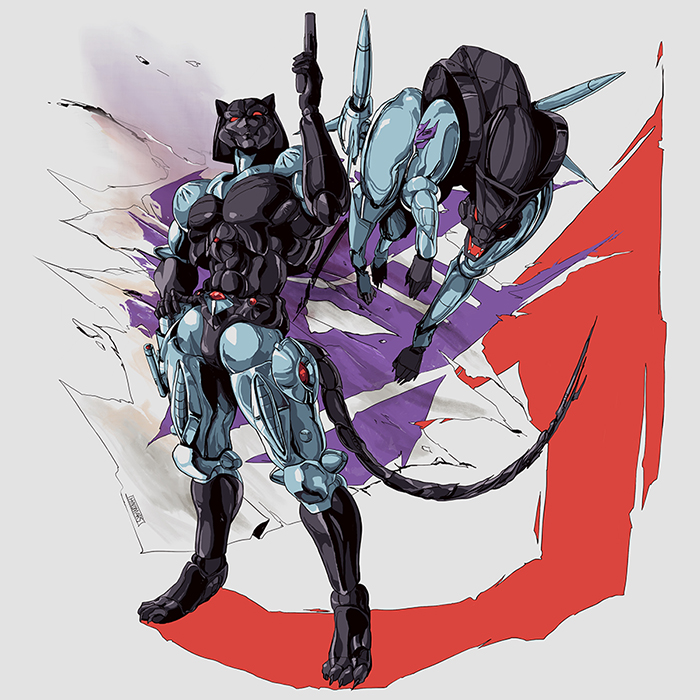 beast_wars beast_wars:_transformers commentary decepticon english_commentary fangs gun hinomars19 holding holding_gun holding_weapon looking_at_viewer mecha no_humans open_mouth paid_reward_available ravage_(transformers) red_eyes robot science_fiction smile solo_focus standing transformers weapon