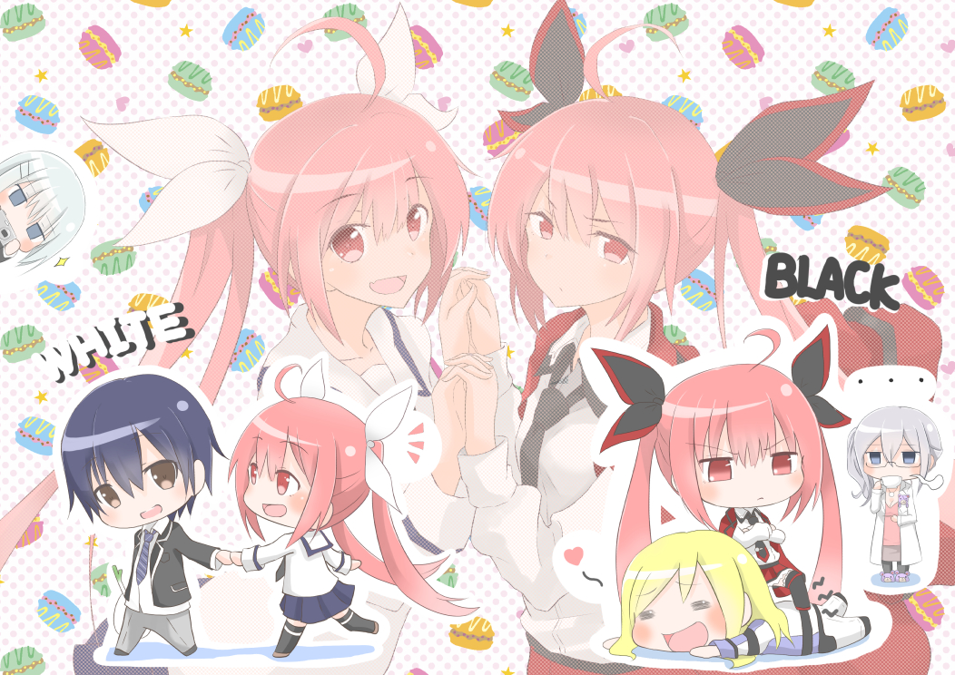 2boys 3girls ahoge black_necktie blonde_hair blue_eyes blue_hair bow brown_eyes chibi cup date_a_live dual_persona food fuu_(fuore) grey_hair hair_bow itsuka_kotori itsuka_shido kannazuki_kyouhei macaron multiple_boys multiple_girls murasame_reine necktie open_mouth raizen_high_school_uniform red_eyes red_hair school_uniform smile tobiichi_origami twintails white_hair
