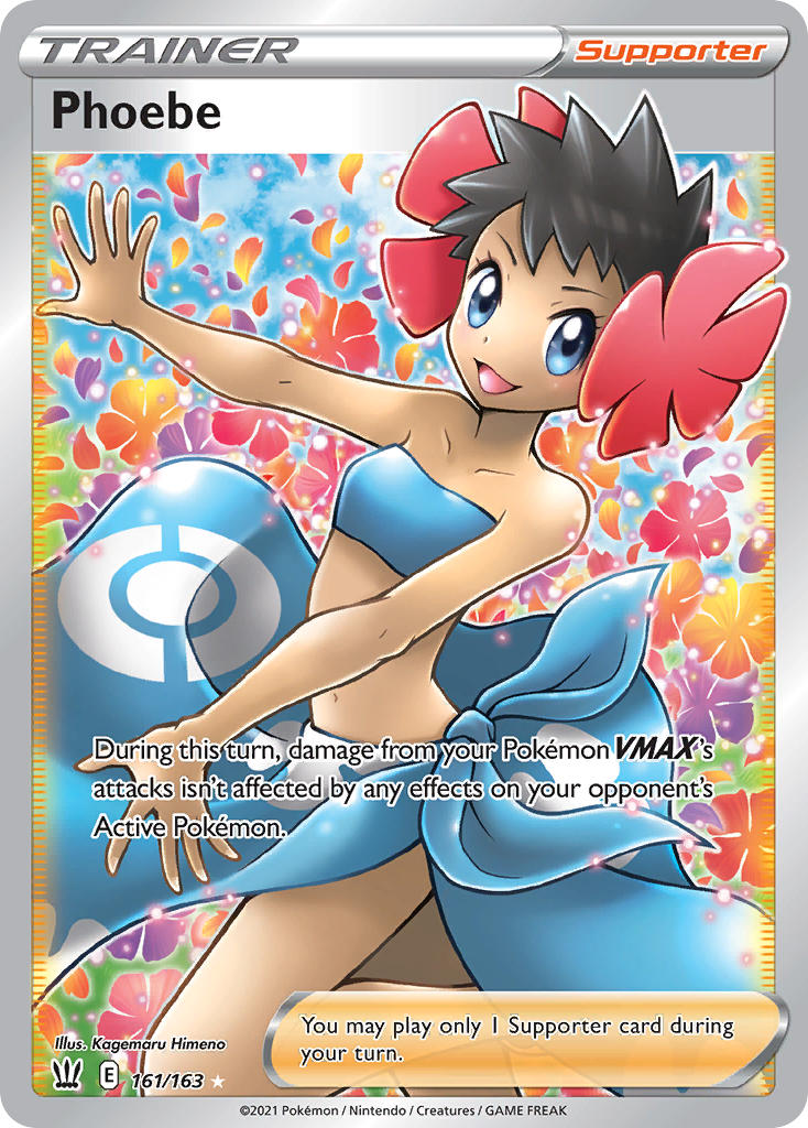 1girl :d artist_name black_hair blue_eyes blue_sarong blue_shirt card_(medium) character_name company_name copyright_name copyright_notice crop_top dark-skinned_female dark_skin english_text eyelashes flower himeno_kagemaru midriff navel nintendo official_art open_mouth orange_flower orange_petals outline phoebe_(pokemon) pink_flower pink_petals poke_ball_print pokemon pokemon_card pokemon_oras pokemon_tcg purple_flower purple_petals sarong shirt short_hair smile solo third-party_source trading_card very_short_hair white_outline