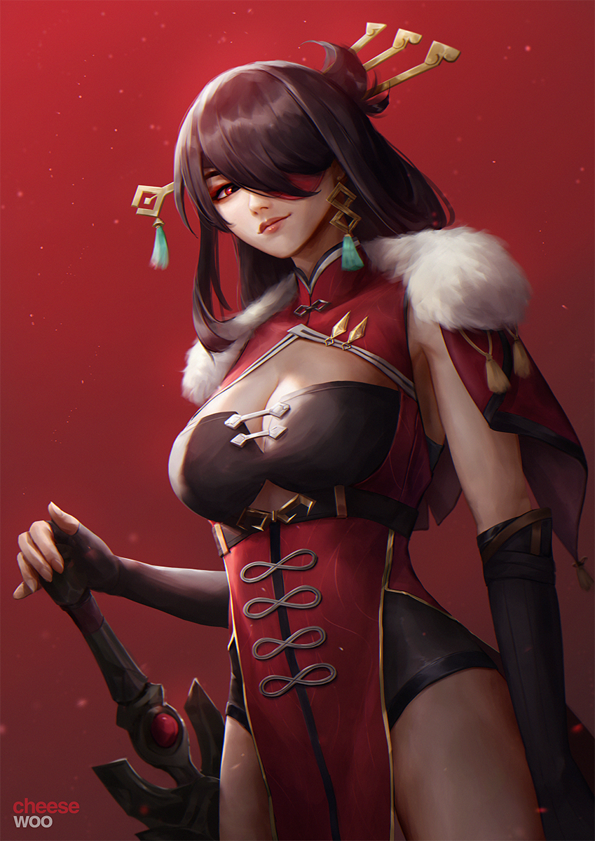 1girl artist_name beidou_(genshin_impact) black_leotard breasts brown_hair capelet cheesewoo chinese_clothes cleavage cowboy_shot earrings elbow_gloves eyepatch eyeshadow fingerless_gloves fur_trim genshin_impact gloves hair_ornament hair_over_one_eye hair_stick hand_on_hilt highres jewelry large_breasts leotard lips long_hair looking_at_viewer makeup pelvic_curtain red_background red_eyes solo sword tassel tassel_earrings weapon