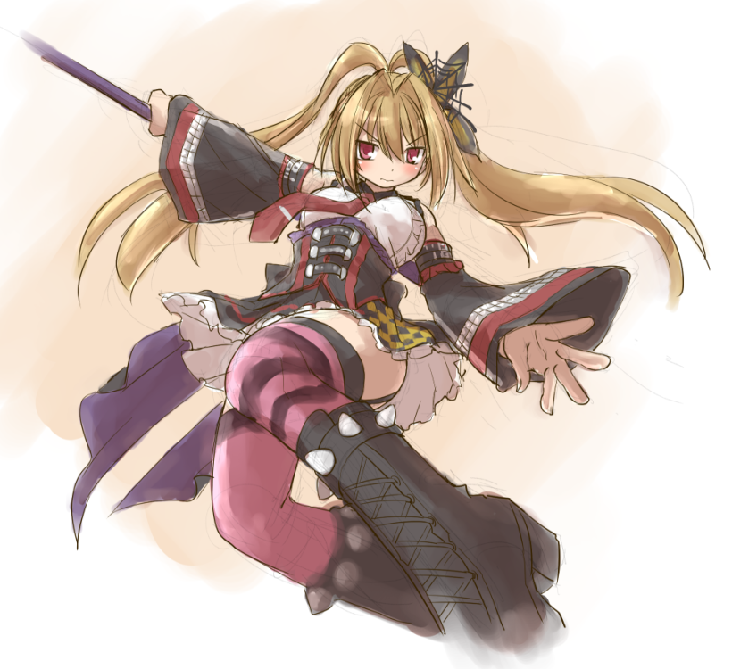 1girl blonde_hair breasts butterfly_hair_ornament character_request corset detached_sleeves emil_chronicle_online female_focus garter_straps gradient_background hair_ornament high_ponytail kasuga_yukihito long_hair necktie ponytail red_eyes skirt solo split_ponytail tarantula_alma thighhighs