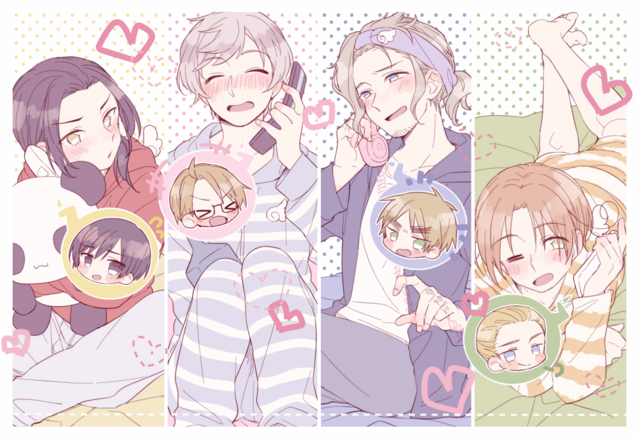 &gt;_&lt; 6+boys ahoge america_(hetalia) antique_phone axis_powers_hetalia barefoot black-framed_eyewear black_eyes black_hair black_hoodie blonde_hair blue_eyes blue_hoodie blue_pants blunt_ends blush border cellphone china_(hetalia) closed_eyes closed_mouth cloud_print collarbone commentary_request fingernails flip_phone france_(hetalia) germany_(hetalia) glasses green_eyes grey_hair grey_pants hand_up headband heart holding holding_phone holding_stuffed_toy hood hoodie japan_(hetalia) legs_up long_hair long_sleeves looking_afar looking_at_phone looking_at_viewer low_ponytail lying male_focus multiple_boys northern_italy_(hetalia) on_stomach one_eye_closed open_clothes open_hoodie open_mouth orange_hair pants phone polka_dot polka_dot_background ponytail puffy_long_sleeves puffy_sleeves purple_eyes purple_headband red_hoodie rotary_phone russia_(hetalia) saku_anna semi-rimless_eyewear shirt short_hair short_ponytail shorts sidelocks sitting smartphone smile spoken_character striped_clothes striped_hoodie striped_pants striped_shirt striped_shorts stuffed_animal stuffed_panda stuffed_toy t-shirt talking_on_phone united_kingdom_(hetalia) v-shaped_eyebrows white_background white_border white_pants white_shirt white_shorts yaoi yellow_eyes