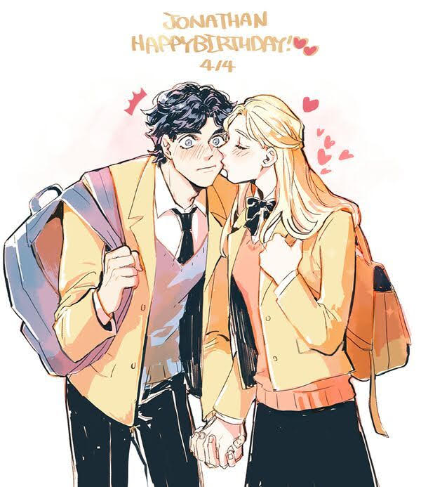 1boy 1girl backpack bag blonde_hair blue_eyes blue_hair blush couple embarrassed erina_pendleton heart holding_hands jojo_no_kimyou_na_bouken jonathan_joestar kiss long_hair necktie