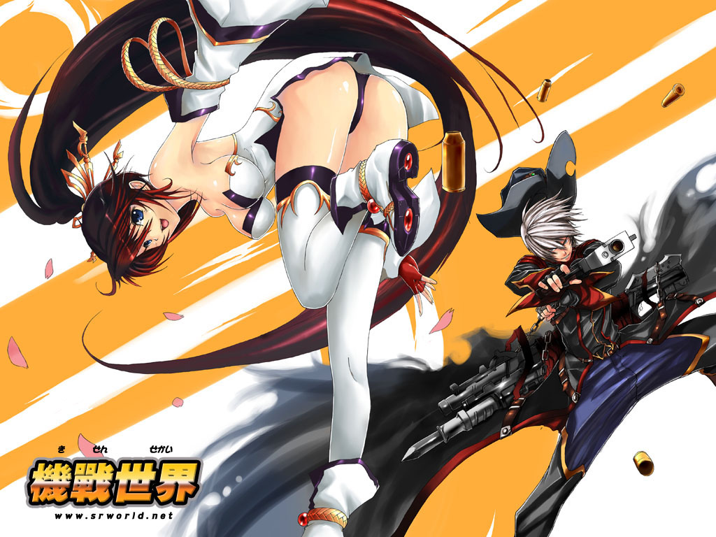 1boy 1girl armpits ass banpresto belt breasts brown_hair bullet cleavage cowboy cowboy_hat cowboy_western detached_sleeves dress fingerless_gloves gloves grey_hair gun hair_ornament harken_browning hat large_breasts long_hair multicolored_hair nanbu_kaguya ponytail red_hair strapless strapless_dress super_robot_wars super_robot_wars_og_saga_mugen_no_frontier thighhighs two-tone_hair weapon western white_hair