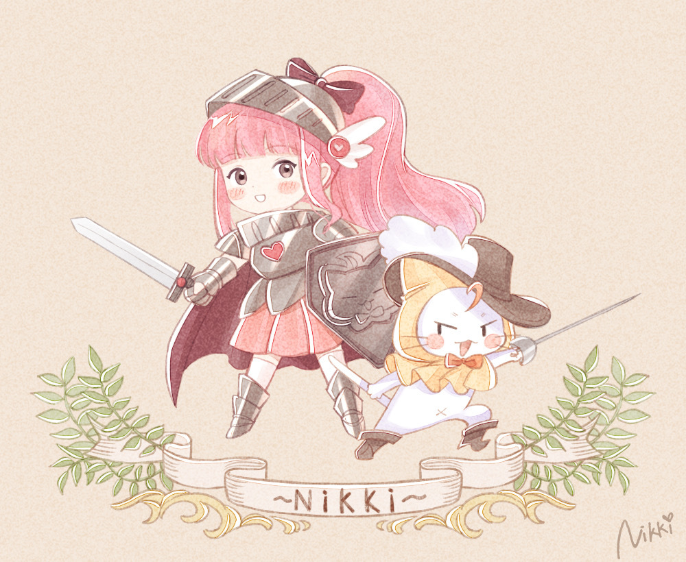 1girl animal armor armored_boots artist_request banner black_eyes blunt_bangs blush_stickers boots bow bowtie breastplate brown_background brown_eyes brown_footwear brown_hat capelet cat character_profile chinese_commentary clothed_animal commentary_request copyright_name deformed dot_nose ear_covers fern full_body gauntlets grey_footwear hair_bow hat hat_feather heart heart_print helm helmet holding holding_shield holding_sword holding_weapon hood hood_up hooded_capelet knee_boots knight long_hair miniskirt momo_(nikki) nikki_(nikki) nikki_(series) official_art open_mouth orange_bow orange_bowtie pauldrons pink_hair pink_skirt pleated_skirt ponytail rapier red_bow second-party_source shield shining_nikki short_sword shoulder_armor skirt smile solid_oval_eyes sword thighhighs top_hat traditional_bowtie v-shaped_eyebrows weapon whiskers white_cat white_thighhighs wing_hat_ornament yellow_capelet