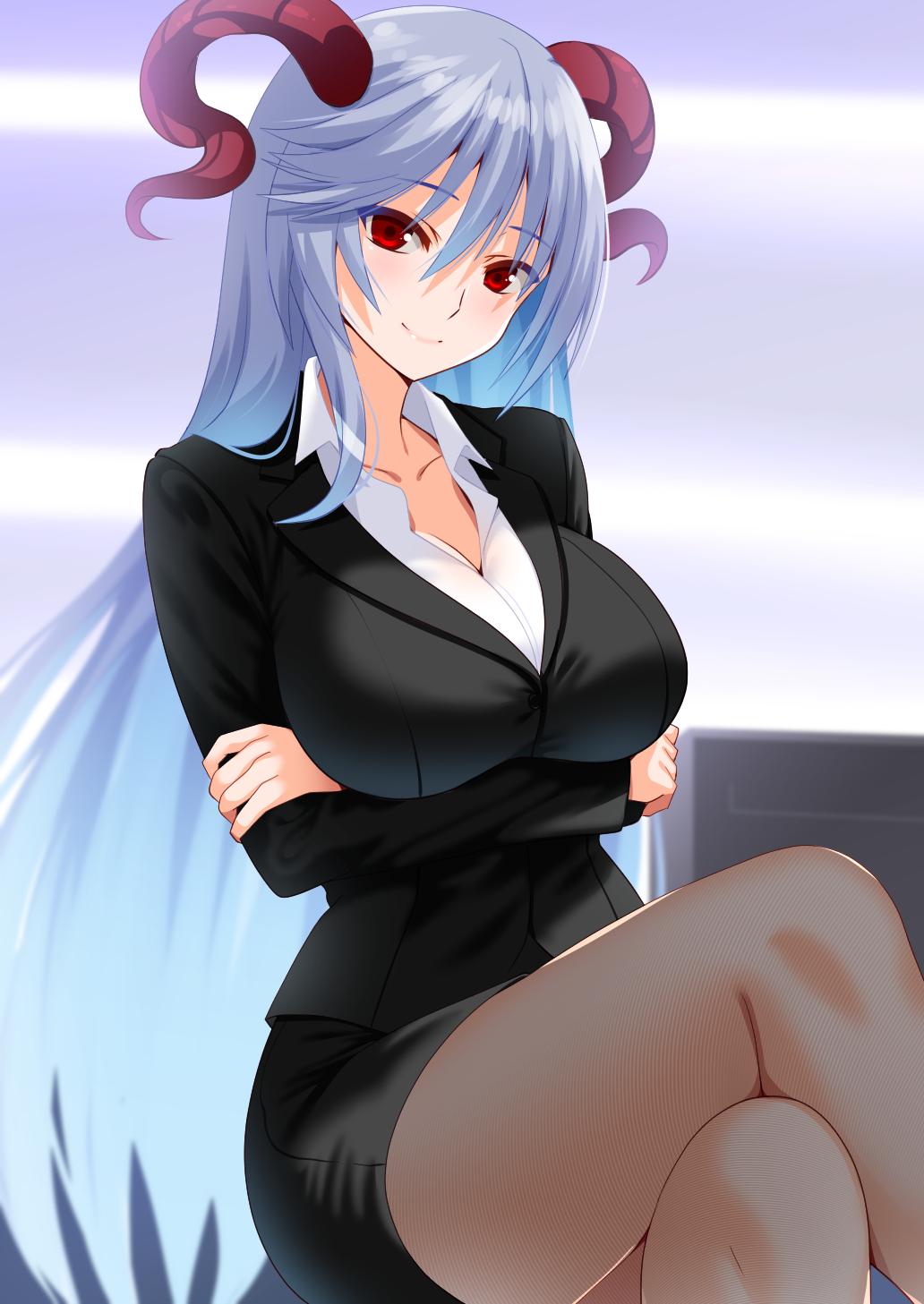 1girl alternate_costume black_skirt black_suit breasts closed_mouth collarbone collared_shirt commission contemporary crossed_arms crossed_legs curled_horns engo_(aquawatery) fire_emblem fire_emblem_heroes fishnet_pantyhose fishnets formal_clothes freyja_(fire_emblem) goat_horns grey_hair hair_between_eyes highres horns indoors large_breasts long_hair long_sleeves looking_at_viewer nintendo office_lady pantyhose pencil_skirt pixiv_commission red_eyes red_horns shirt sitting skirt smile solo suit thighs very_long_hair white_shirt