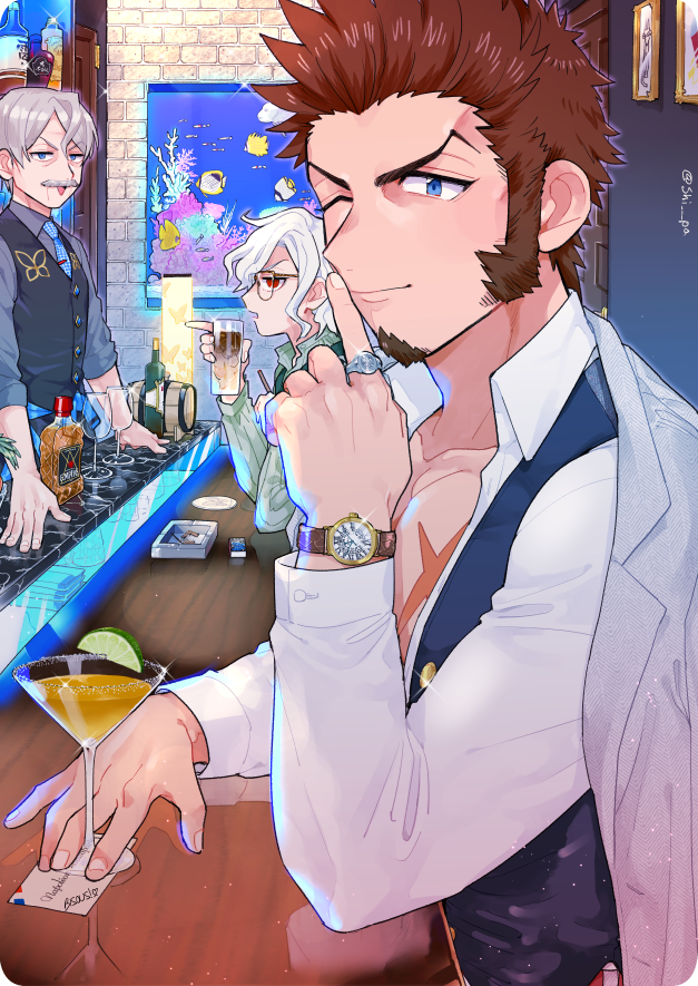 bad_id bad_twitter_id beard blue_eyes cup drinking_glass edmond_dantes_(fate) facial_hair fate/grand_order fate_(series) finger_to_mouth formal_clothes glasses grey_hair james_moriarty_(archer)_(fate) james_moriarty_(gray_collar)_(fate) jewelry large_pectorals long_hair long_sideburns long_sleeves looking_at_another male_focus multiple_boys muscular mustache napoleon_bonaparte_(fate) open_mouth pectorals ring scar shitappa shushing sideburns sitting smile watch white_day