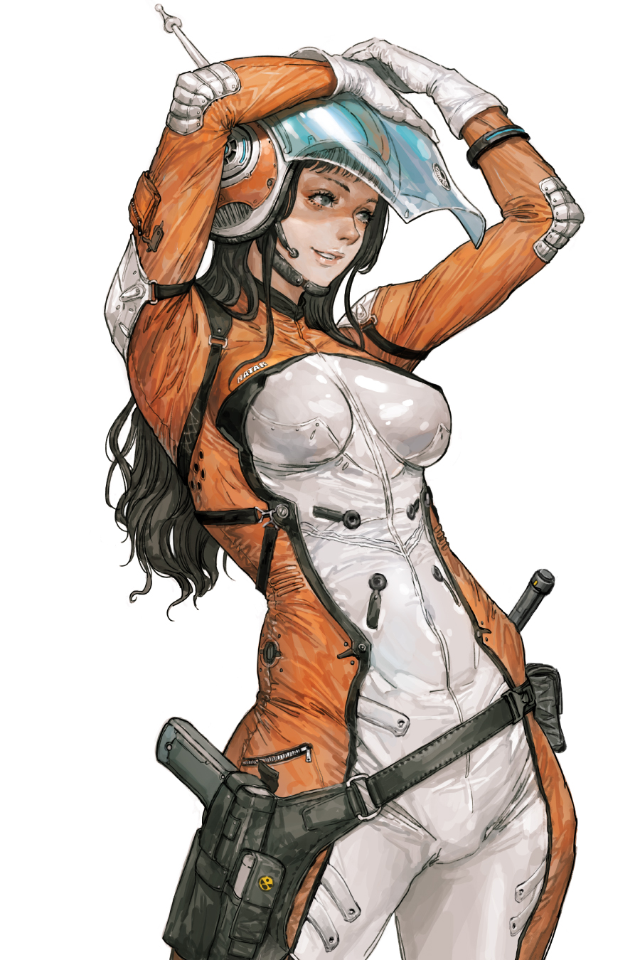 1girl arms_up belt blue_eyes brown_hair eyewear_on_head female_focus gloves gun gunbelt handgun helmet highres holster long_hair original pilot_suit pistol smile solo tahra visor weapon white_background white_gloves