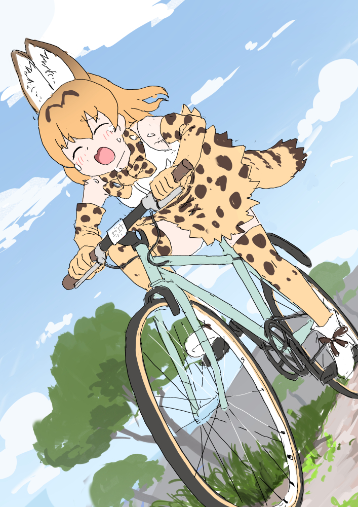 animal_ears animal_print bare_shoulders bicycle blonde_hair blush bow bowtie brown_hair cat_ears cat_girl cat_tail closed_eyes elbow_gloves gloves high-waist_skirt kemono_friends multicolored_hair open_mouth print_bow print_bowtie print_gloves print_skirt print_thighhighs riding riding_bicycle serval_(kemono_friends) shirt short_hair skirt sleeveless sweatdrop tail thighhighs white_shirt yumeumi_sousaku zettai_ryouiki