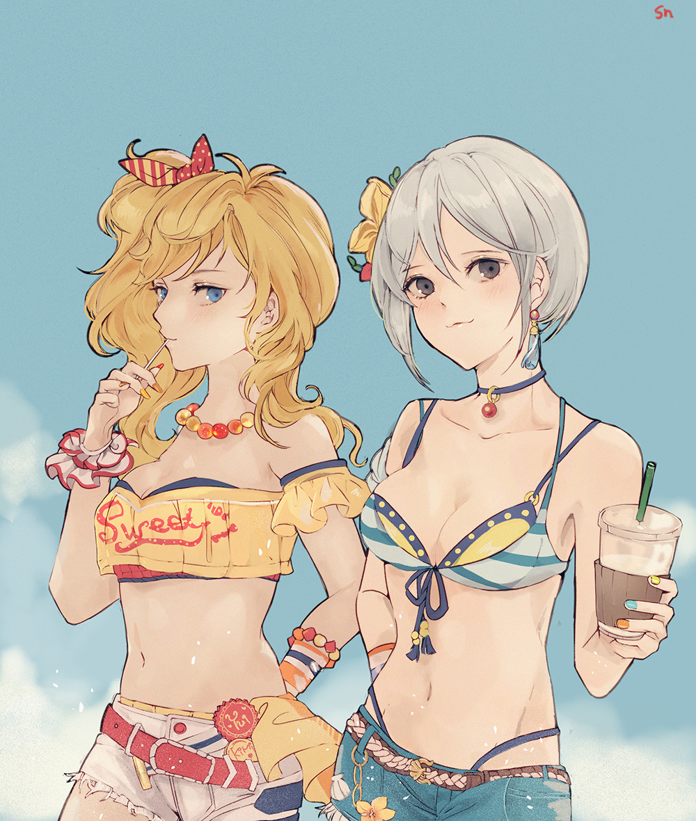 2girls :3 beads belt bikini bikini_top_only blonde_hair blue_bikini blue_choker blue_eyes blue_shorts blue_sky bracelet breasts choker cleavage cloud coffee cup cutoffs day drinking_straw flower front-tie_top grey_eyes grey_hair hair_between_eyes hair_flower hair_ornament hair_ribbon hand_on_own_hip holding holding_cup idolmaster idolmaster_cinderella_girls idolmaster_cinderella_girls_starlight_stage jewelry long_hair looking_at_viewer medium_breasts multicolored_nails multiple_girls nail_polish navel ohtsuki_yui pendant polka_dot polka_dot_ribbon red_belt red_ribbon ribbon scrunchie seashell shell shino_(mufn5785) shiomi_syuko short_hair shorts sky standing stomach striped_ribbon sunlight swimsuit white_scrunchie white_shorts wrist_scrunchie yellow_stripe