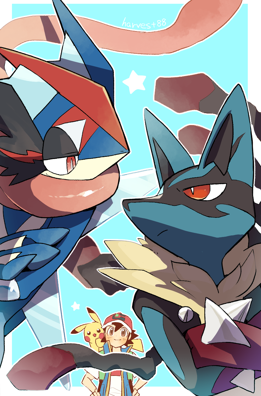 1boy ash-greninja ash_ketchum black_eyes black_hair brown_eyes closed_mouth crossed_arms gen_1_pokemon gen_4_pokemon gen_6_pokemon greninja half-closed_eyes harvest88 hat highres lucario mega_lucario mega_pokemon nintendo pikachu pink_eyes pokemon pokemon_(anime) pokemon_(creature) pokemon_journeys red_eyes red_hair spikes