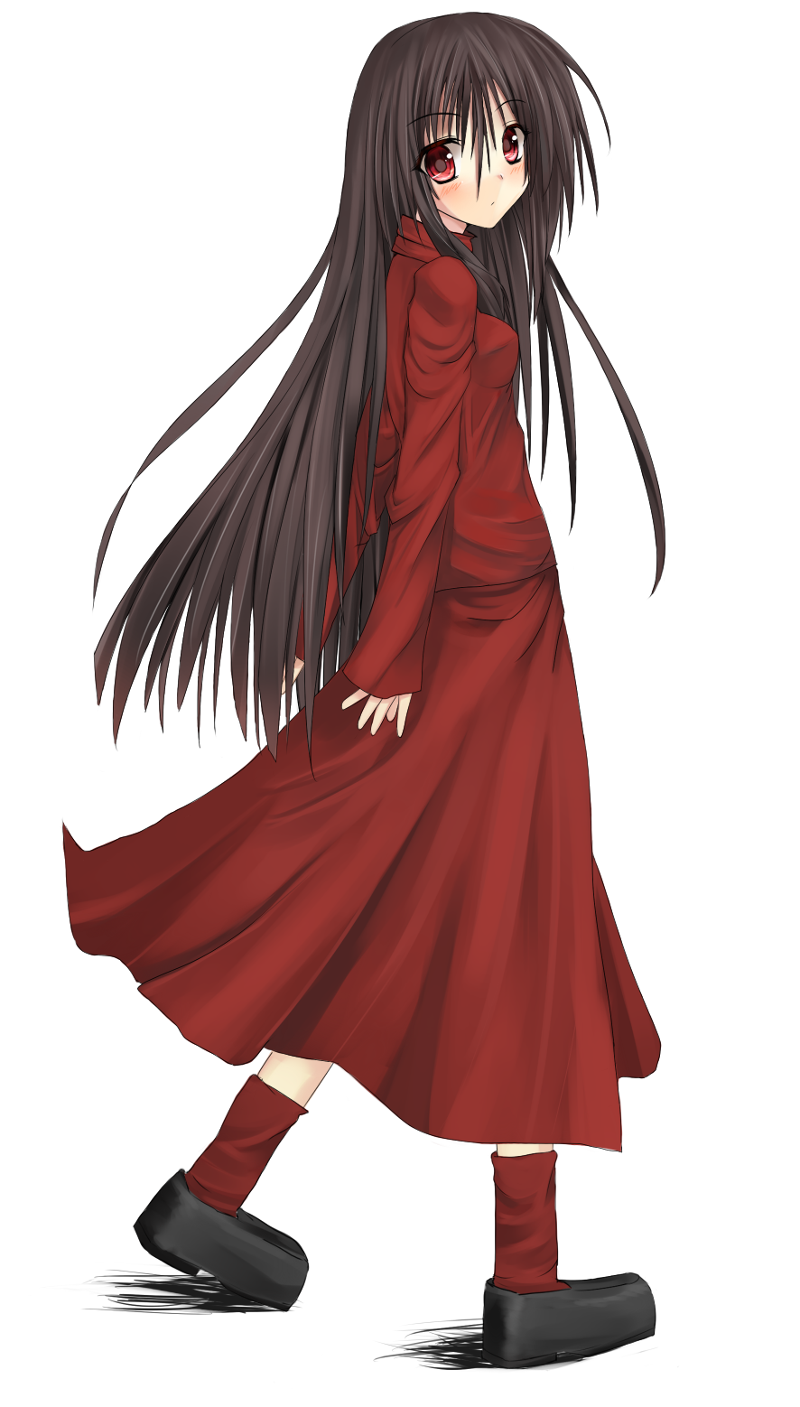 1girl alma_wade black_hair blush dress f.e.a.r. female_focus full_body highres long_hair long_sleeves looking_at_viewer looking_back niboss red_eyes simple_background sleeves_past_wrists solo