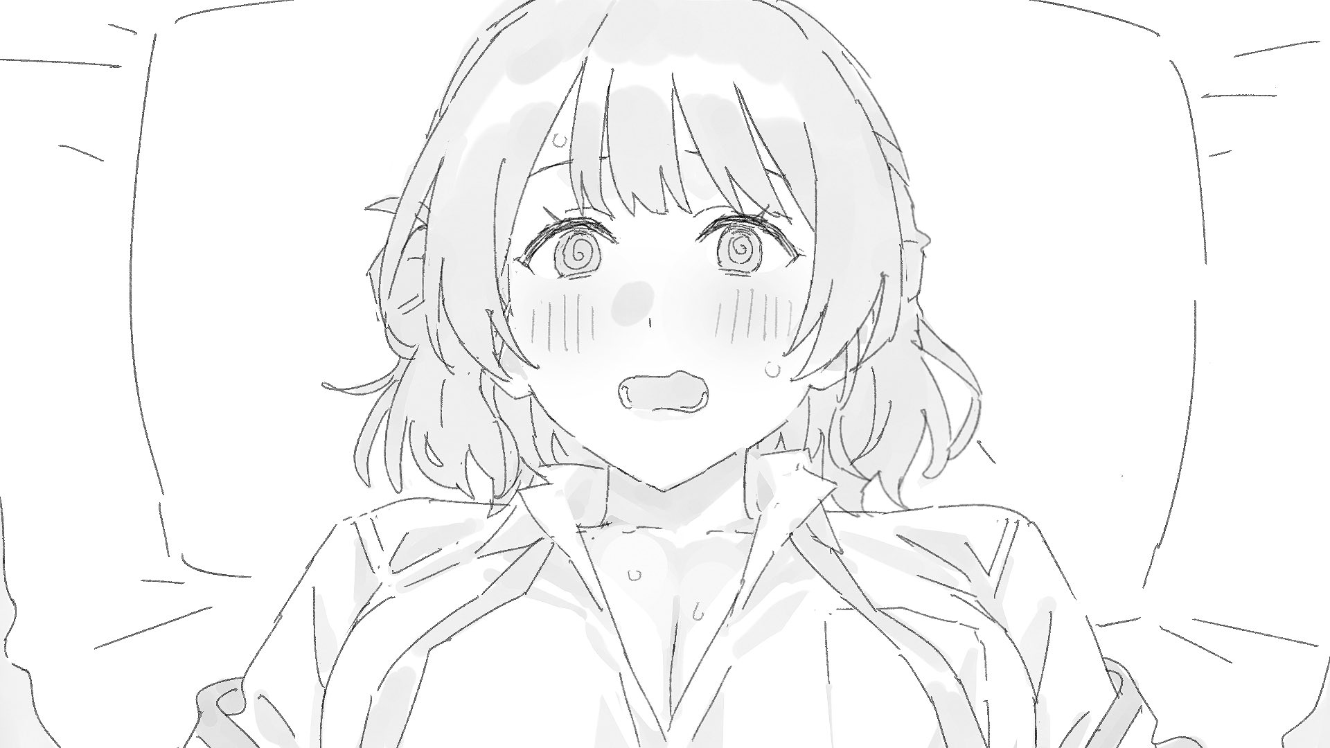 1girl @_@ blush breasts cardigan_pull cleavage collared_shirt dress_shirt gakuen_idolmaster hair_bun half_updo hanami_ume hatsuboshi_gakuen_school_uniform highres idolmaster lower_teeth_only lying mikazuchi_zeus neck_ribbon off_shoulder on_back pillow ribbon school_uniform shirt single_side_bun solo sweat teeth untied_ribbon wavy_mouth