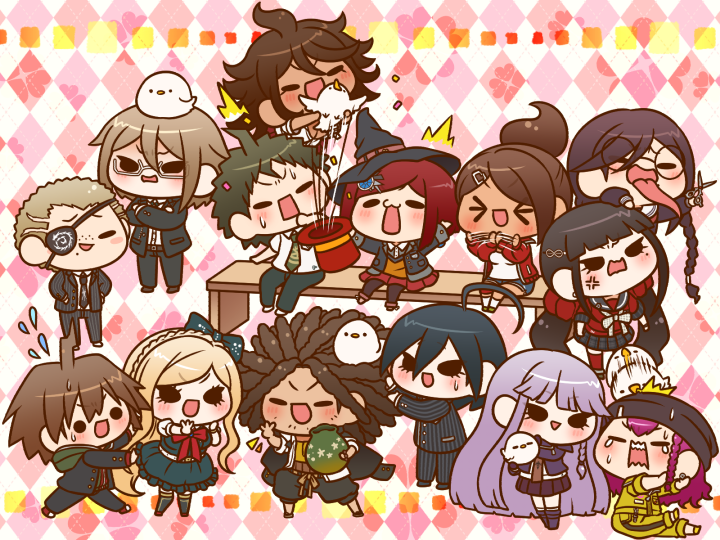 6+boys 6+girls ^^^ afterimage argyle_background asahina_aoi bird brown_hair chibi commentary_request danganronpa:_trigger_happy_havoc danganronpa_(series) danganronpa_2:_goodbye_despair danganronpa_v3:_killing_harmony dark-skinned_female dark-skinned_male dark_skin dove flying_sweatdrops fukawa_toko genocider_shou glasses hagakure_yasuhiro harukawa_maki hat hinata_hajime holding holding_unworn_clothes holding_unworn_hat kirigiri_kyoko kuzuryu_fuyuhiko long_tongue motion_lines multiple_boys multiple_girls naegi_makoto on_bench owari_akane purple_hair red_background saihara_shuichi school_uniform serafuku sitting soda_kazuichi sonia_nevermind togami_byakuya tongue unworn_hat unworn_headwear witch_hat yumaru_(marumarumaru) yumeno_himiko