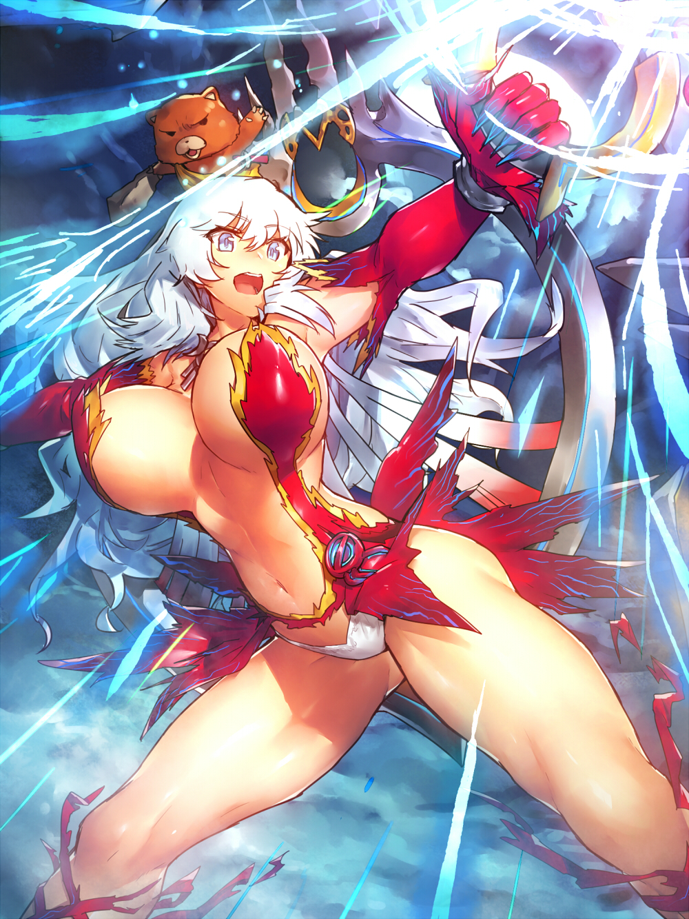 1girl artemis_(fate) artemis_(third_ascension)_(fate) bare_shoulders boots bow_(weapon) breasts fate/grand_order fate_(series) grey_eyes highres huge_breasts knee_boots long_hair melon22 open_mouth orion_(bear)_(fate) outstretched_arms panties revision silver_hair spread_arms stuffed_animal stuffed_toy teddy_bear underwear weapon white_panties