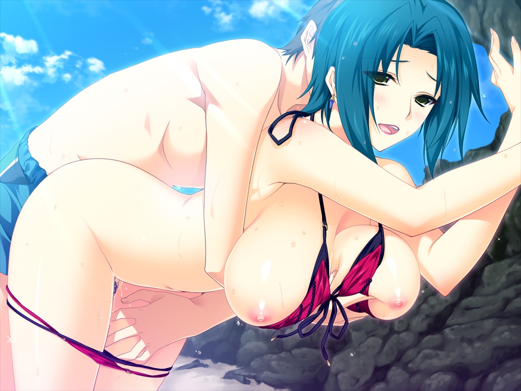 game_cg uncensored swimsuits 2 iizuki tasuku, kurokawa sera, akatsuki works hibiki, lovely x cation, game  cg, 1girl, beach, bikini, blue hair, blush, breasts, clothed sex, hug, red  bikini, sex, short hair, swimsuit, topless female - Image