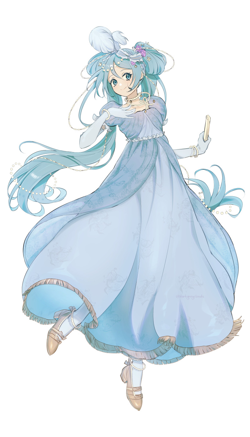 1girl alternate_costume aqua_eyes aqua_hair blue_dress blue_gloves commentary darkgreyclouds dress elbow_gloves english_commentary fashion formal_clothes full_body gloves hatsune_miku high_heels highres holding jewelry long_dress looking_at_viewer necklace pearl_necklace puffy_short_sleeves puffy_sleeves regency_era shoes short_sleeves simple_background twintails united_kingdom vocaloid white_background worldwide_miku