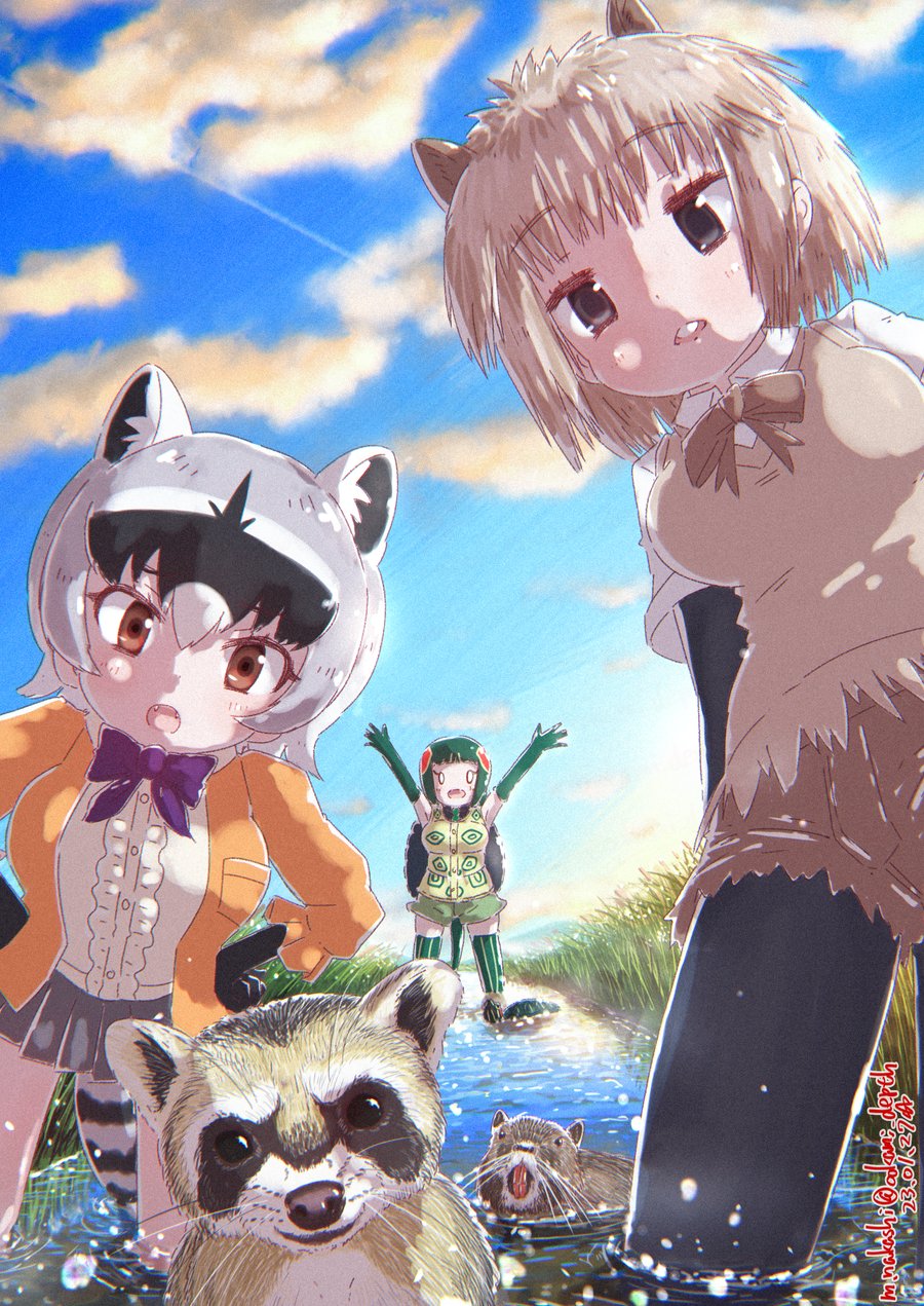0_0 3girls :o animal animal_ears arms_up black_hair bow bowtie brown_eyes brown_hair canal center_frills crab-eating_raccoon_(kemono_friends) creature_and_personification day elbow_gloves fisheye frills gloves green_hair grey_hair hands_on_own_hips highres jacket kemono_friends leaning_forward legs_apart looking_at_viewer medium_hair miniskirt multicolored_hair multiple_girls nakashi_masakumi nutria nutria_(kemono_friends) open_clothes open_jacket open_mouth outdoors outstretched_arms pantyhose pantyhose_under_shorts parted_lips personification raccoon raccoon_ears raccoon_girl raccoon_tail red-eared_slider_(kemono_friends) red_hair shirt shorts skirt standing sweater_vest tail thighhighs turtle turtle_shell vest wading water white_hair
