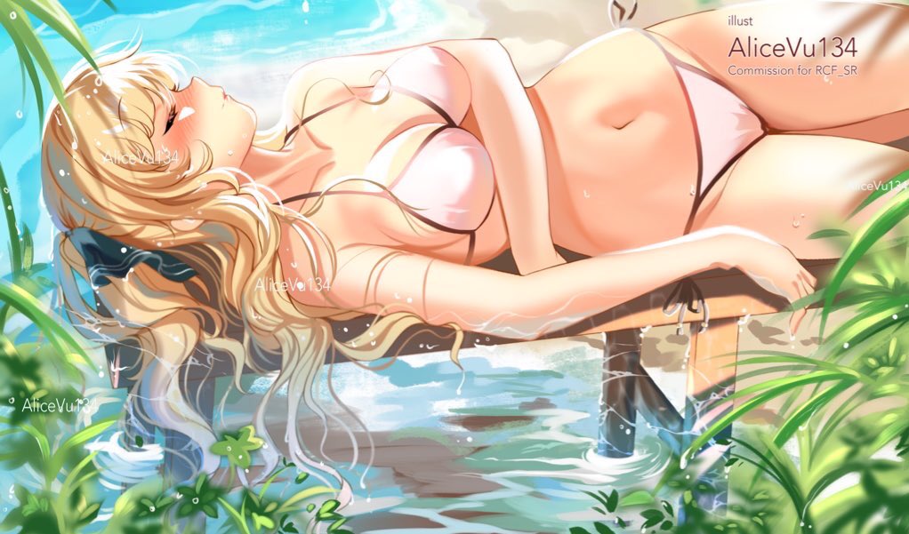 1girl alice_vu ao_no_kanata_no_four_rhythm arm_across_chest artist_name bikini black_ribbon blonde_hair blush breasts cleavage closed_eyes commission hair_ornament hair_spread_out large_breasts long_hair lying navel on_back pink_bikini plant ribbon satouin_reiko side-tie_bikini_bottom solo sunbathing swimsuit two_side_up water watermark