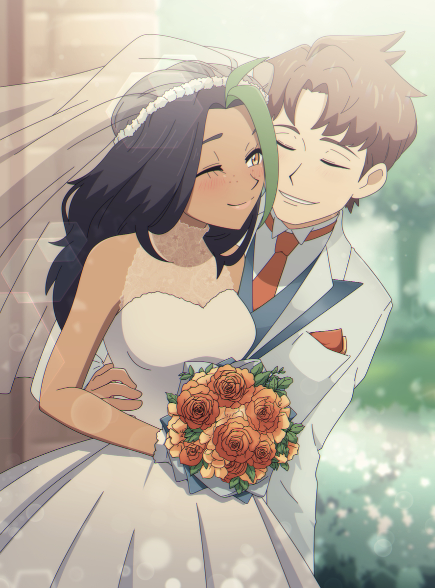 1boy 1girl aged_up blush bouquet bridal_veil building closed_eyes dress florian_(pokemon) flower forest hair_down hetero highres messy_hair multicolored_hair nature necktie nemona_(pokemon) nintendo one_eye_closed pok3d pokemon pokemon_sv smile tuxedo veil wedding wedding_dress