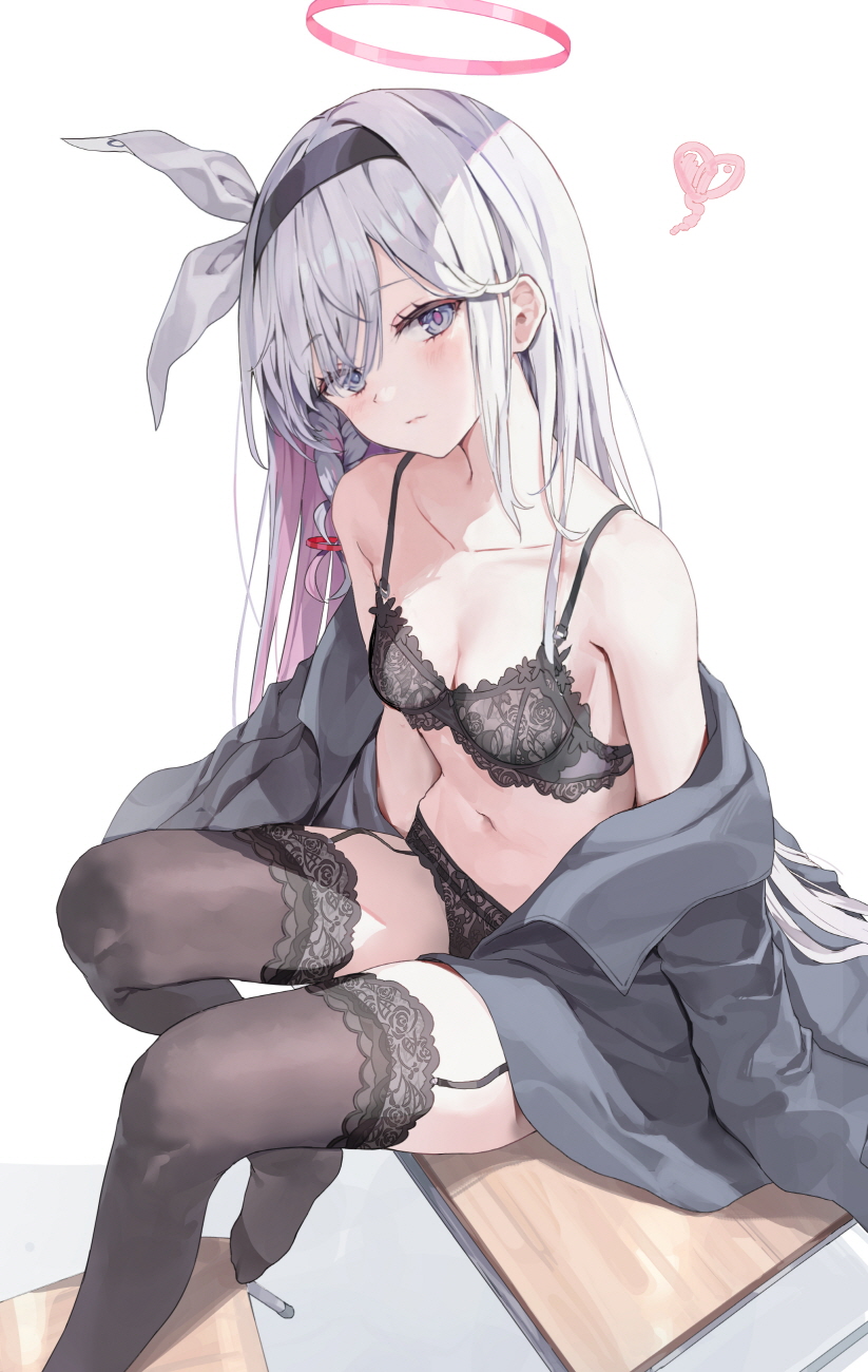 1girl aged_up alternate_breast_size black_bra black_coat black_hairband black_panties black_thighhighs blue_archive blush bow bra braid breasts cleavage closed_mouth coat collarbone colored_inner_hair garter_straps grey_eyes grey_hair hair_bow hairband halo heart highres huwari_(dnwls3010) lace lace-trimmed_thighhighs lace_bra lace_panties lace_trim long_hair long_sleeves looking_at_viewer multicolored_hair navel open_clothes open_coat panties pink_hair pink_halo pink_pupils plana_(blue_archive) red_bow simple_background single_braid small_breasts solo thighhighs thighs underwear very_long_hair white_background