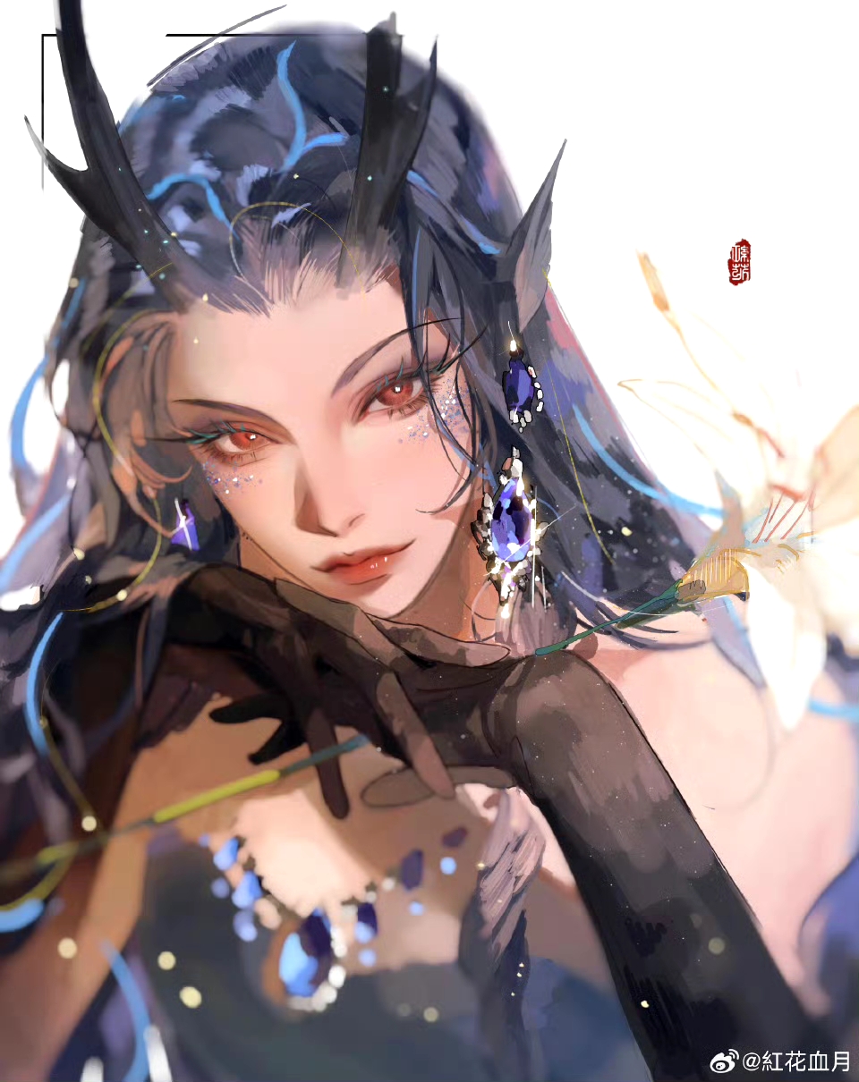 1girl ao_run_(nezha_zhi_motong_jiangshi) blue_dress blue_hair dragon_girl dragon_horns dress highres horns long_hair looking_at_viewer nezha_zhi_motong_jiangshi red_eyes solo very_long_hair xinjinjumin6157077