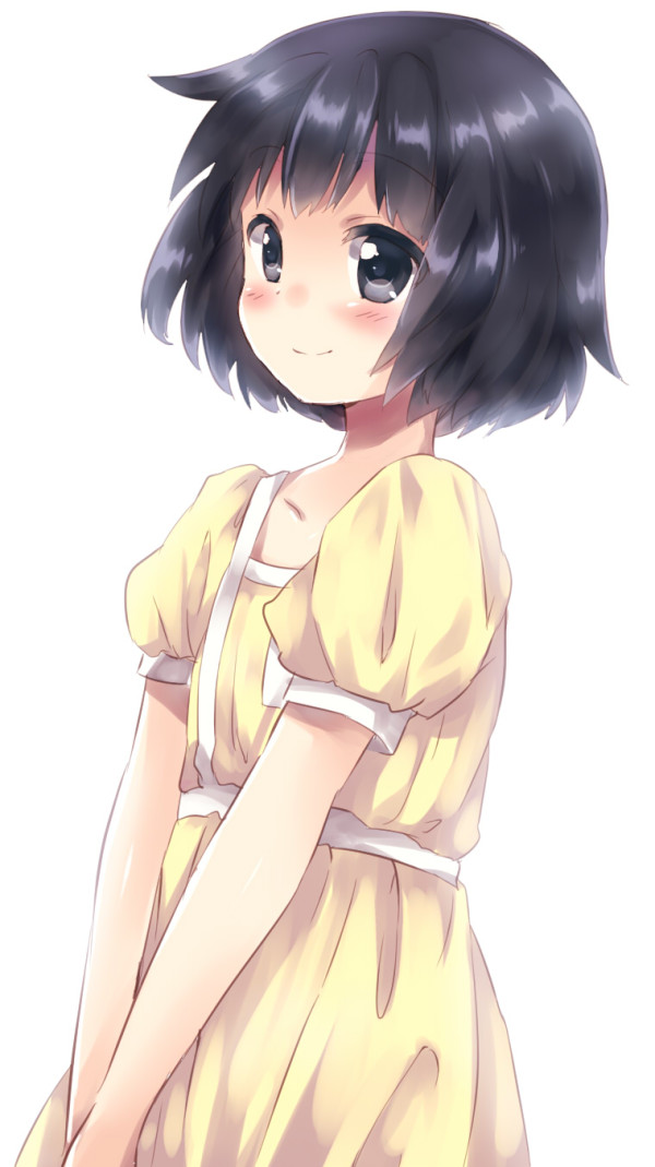 1girl black_eyes black_hair blush bob_cut dress female_focus maru_eda maruki_(punchiki) migi_no_ko original own_hands_together short_hair simple_background solo white_background