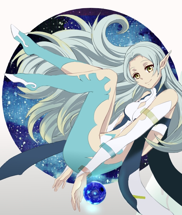 1girl bare_shoulders blue_hair bracelet breasts detached_sleeves dress green_eyes muzet_(tales) pointy_ears smile tales_of_(series) tales_of_xillia tales_of_xillia_2 very_long_hair