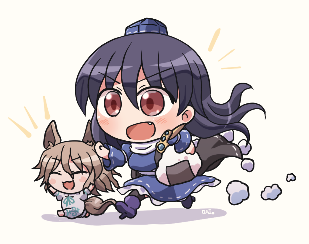 2girls :d animal_ears armor arms_up artist_name barefoot black_coat blush closed_eyes coat commentary_request fang fox_ears fox_girl fox_tail geta hat high_collar iizunamaru_megumu kudamaki_tsukasa long_hair looking_to_the_side multiple_girls open_mouth pauldrons pom_pom_(clothes) purple_shoes red_eyes ribbon-trimmed_sleeves ribbon_trim rokugou_daisuke romper running shoes short_hair shoulder_armor signature simple_background single_pauldron sleeveless sleeveless_coat smile tail tengu-geta tokin_hat touhou v-shaped_eyebrows white_background white_romper wide_sleeves