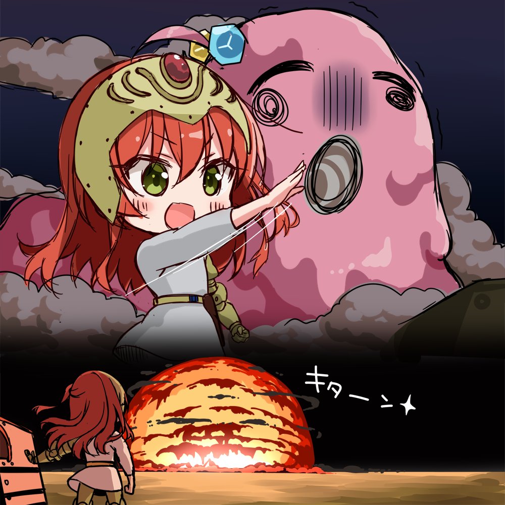 1girl animalization blush bocchi_the_rock! chika_(06chimika13) cloud cosplay cowboy_shot dress explosion facing_away from_behind gotoh_hitori gotoh_hitori_(octopus) green_eyes hair_between_eyes headpiece horizon kaze_no_tani_no_nausicaa kita_ikuyo kushana kushana_(cosplay) long_hair long_sleeves looking_to_the_side mechanical_arms multiple_views open_mouth outdoors outstretched_arm parody red_hair single_mechanical_arm smile standing translated white_dress