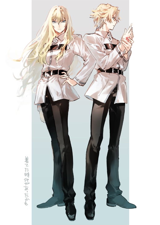 2boys arm_at_side belt belt_buckle bishounen black_belt black_pants black_shoes blonde_hair blue_background buckle chaldea_logo chaldea_uniform chest_belt closed_mouth collared_jacket command_spell commentary daybit_sem_void expressionless fate/grand_order fate_(series) full_body gradient_background grey_background grey_eyes hair_between_eyes hand_on_own_hip hands_up jacket kirschtaria_wodime long_hair long_sleeves looking_ahead looking_at_viewer m-tobiei male_focus multiple_boys outside_border own_hands_together pants pillarboxed shoes short_hair side-by-side simple_background standing translated wavy_hair white_jacket