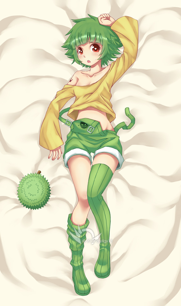 blush boots dakimakura_(medium) durian full_body green_boots green_hair lying original personification red_eyes solo