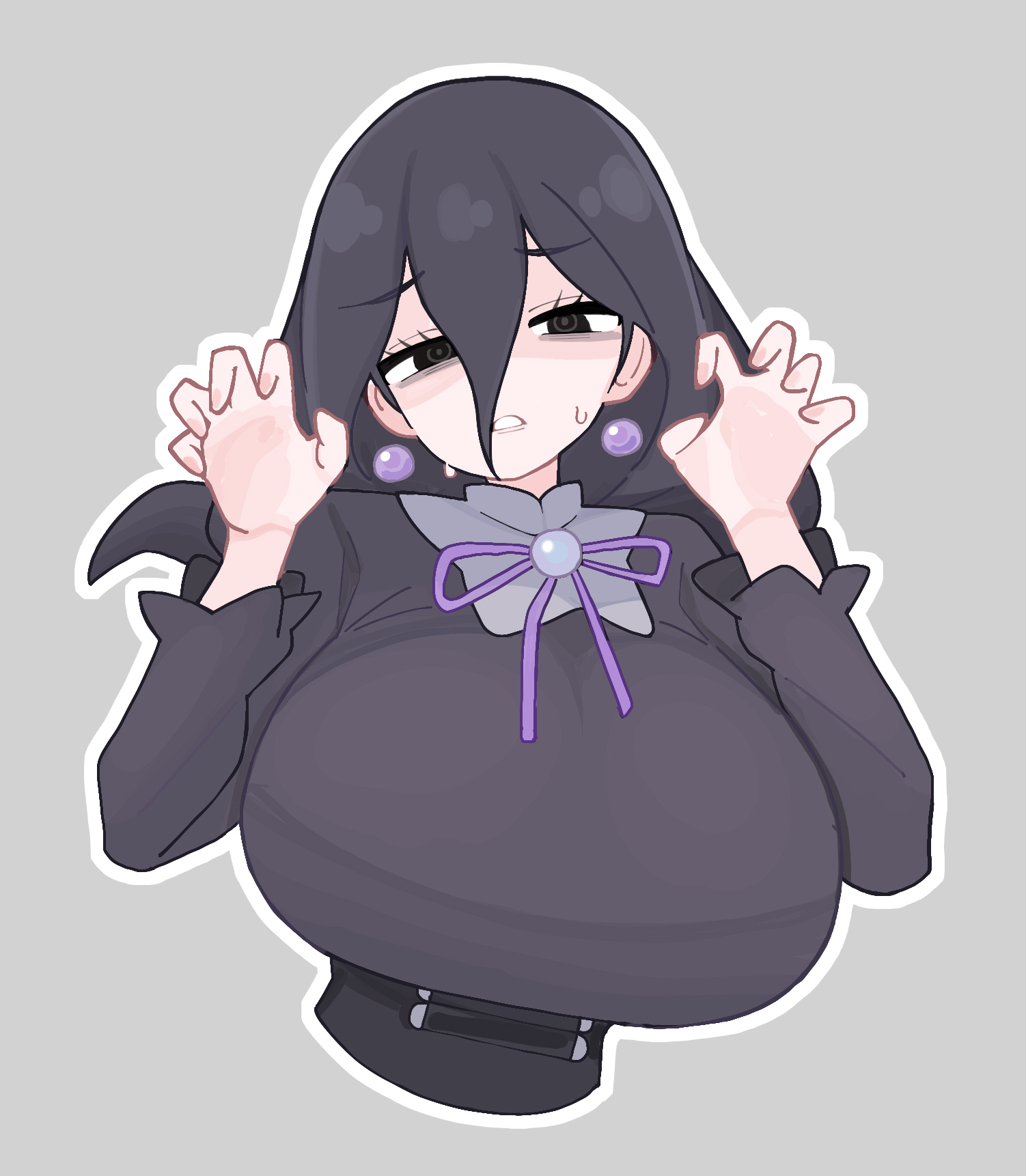 1girl @_@ ahoge bags_under_eyes black_eyes black_hair breasts dress earrings hair_between_eyes hands_up hex_maniac_(pokemon) hex_maniac_(pokemon_legends:_z-a) highres huge_breasts jewelry long_dress long_hair looking_at_viewer mature_female messy_hair mojyo nintendo open_hands pokemon pokemon_legends:_z-a purple_hair simple_background solo spacecrab upper_body very_long_hair