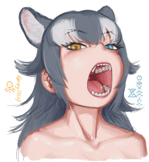 1girl animal_ears bare_shoulders blue_eyes collarbone extra_ears fangs grey_hair grey_wolf_(kemono_friends) hair_between_eyes heterochromia imnim_leef kemono_friends long_hair multicolored_hair open_mouth sidelocks solo upper_body white_hair wolf_ears wolf_girl yellow_eyes