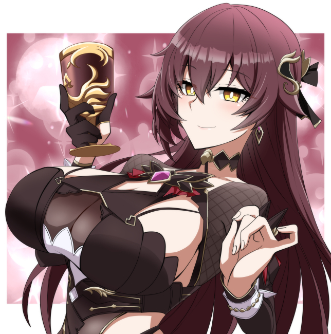 1girl black_dress black_gloves breasts cleavage cleavage_cutout clothing_cutout commission cup dress earrings eden_(honkai_impact) fishnet_armwear gloves hair_between_eyes hair_ornament holding holding_cup honkai_(series) honkai_impact_3rd jewelry large_breasts looking_at_viewer nabeiro_kin red_background red_hair see-through_clothes see-through_cleavage side_cutout single_glove skeb_commission smile upper_body yellow_eyes