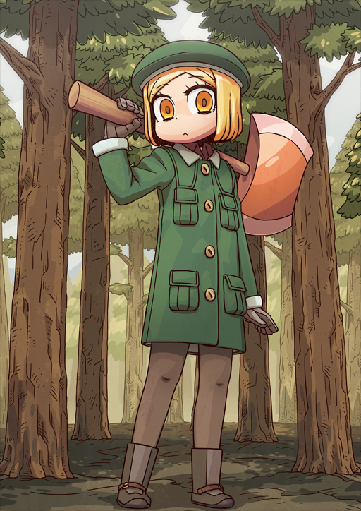 1girl arm_at_side axe beret black_boots blonde_hair bob_cut boots brown_pantyhose buttons closed_mouth coat collared_shirt dot_nose double-sided_axe eyelashes fate/grand_order fate_(series) forest full_body gloves green_coat green_hat grey_gloves hand_up hat holding holding_axe legs_apart long_sleeves looking_at_viewer nature official_art orange_eyes outdoors over_shoulder pantyhose parted_bangs paul_bunyan_(fate) riyo_(lyomsnpmp) shirt short_hair solo standing third-party_source tree variant_set weapon weapon_over_shoulder wing_collar