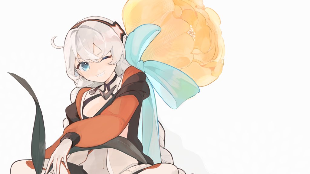 1girl :d bodysuit flower grin honkai_(series) honkai_impact_3rd jacket kiana_kaslana kiana_kaslana_(white_comet) long_hair long_sleeves looking_at_viewer looking_back mogomaco open_mouth simple_background smile solo teeth white_background white_bodysuit white_hair white_jacket yellow_flower