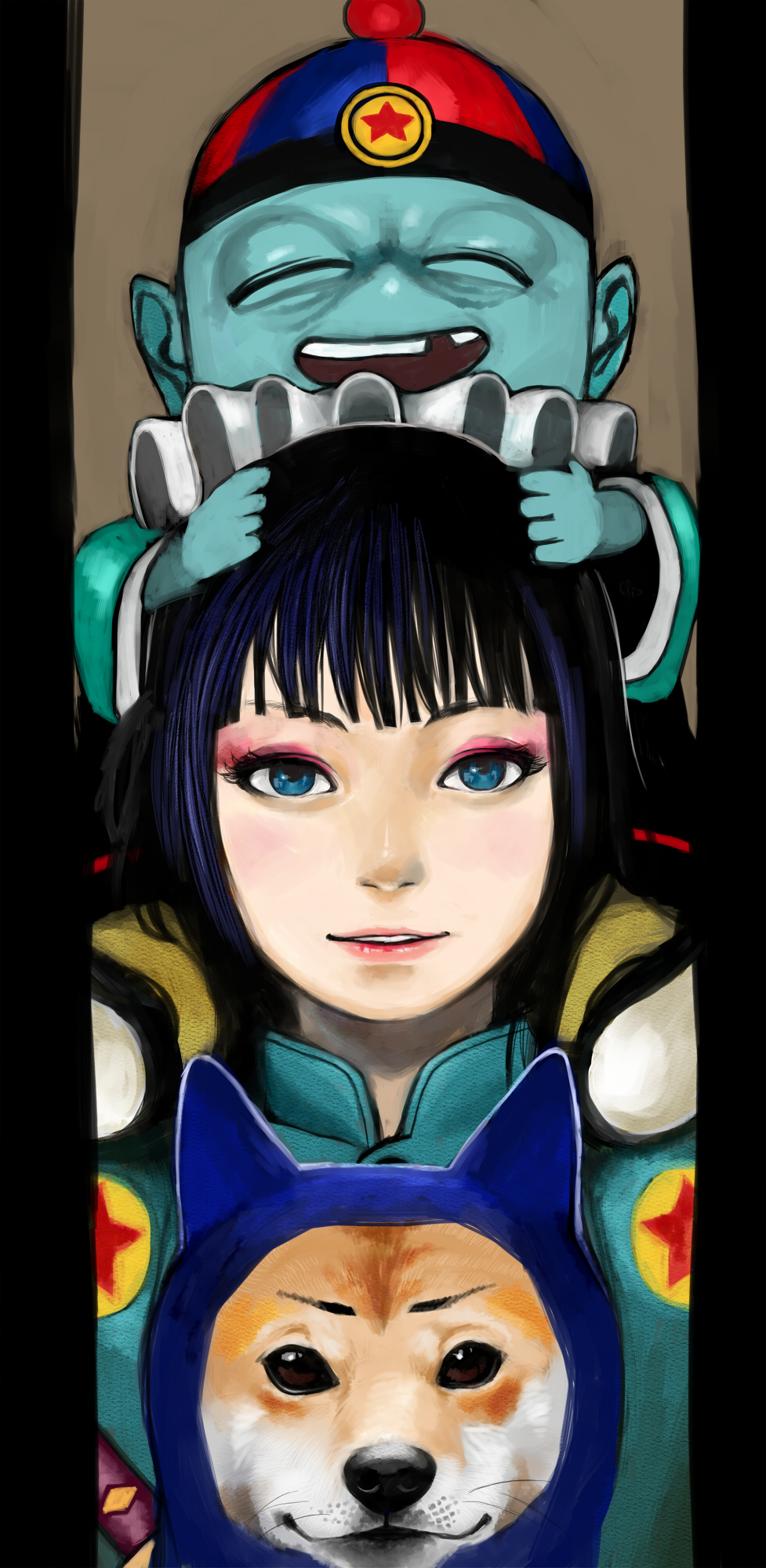 1girl 2boys black_hair blue_eyes blue_skin colored_skin dog dragon_ball highres junjunforever long_image mai_(dragon_ball) multiple_boys ninja pilaf pointy_ears shuu_(dragon_ball) tall_image whiskers