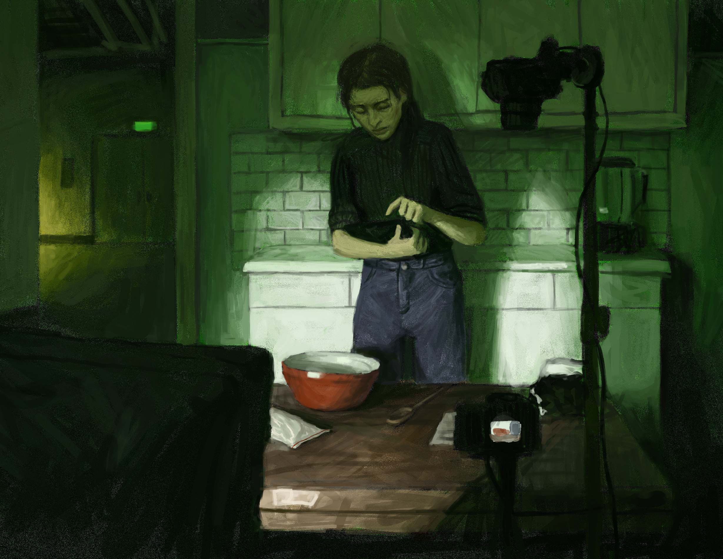 1girl bowl cabinet camera computer highres indoors kitchen laptop looking_down mixing_bowl olliemnjones original packet shadow solo spoon wooden_spoon