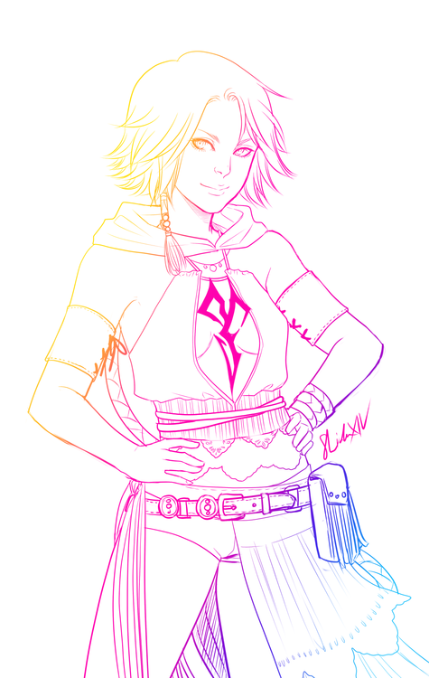 00s 1girl bare_shoulders belt breasts breasts_apart cowboy_shot female_focus final_fantasy final_fantasy_x final_fantasy_x-2 hands_on_own_hips lineart looking_at_viewer no_bra revealing_clothes shida short_hair short_shorts shorts simple_background small_breasts solo standing white_background yuna