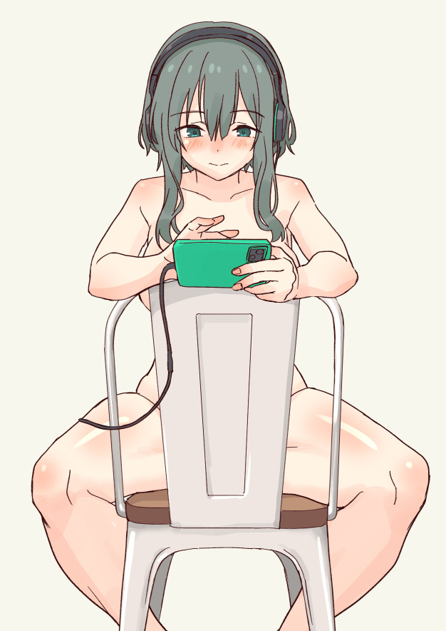 blush chair_censor completely_nude convenient_censoring daipunch embarrassed green_eyes green_hair headphones looking_at_phone medium_hair nude phone