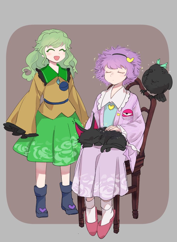 2girls :d ^_^ black_cat black_footwear black_hairband blue_shirt cat chair chamaruk closed_eyes closed_mouth commentary floral_print full_body green_hair green_skirt grey_background hairband heart kaenbyou_rin kaenbyou_rin_(cat) komeiji_koishi komeiji_satori medium_hair messy_hair multiple_girls open_mouth pink_hair pink_skirt pink_slippers pink_vest reiuji_utsuho reiuji_utsuho_(bird) rose_print shirt sitting skirt slippers smile socks standing static_electricity third_eye touhou vest white_socks yellow_shirt