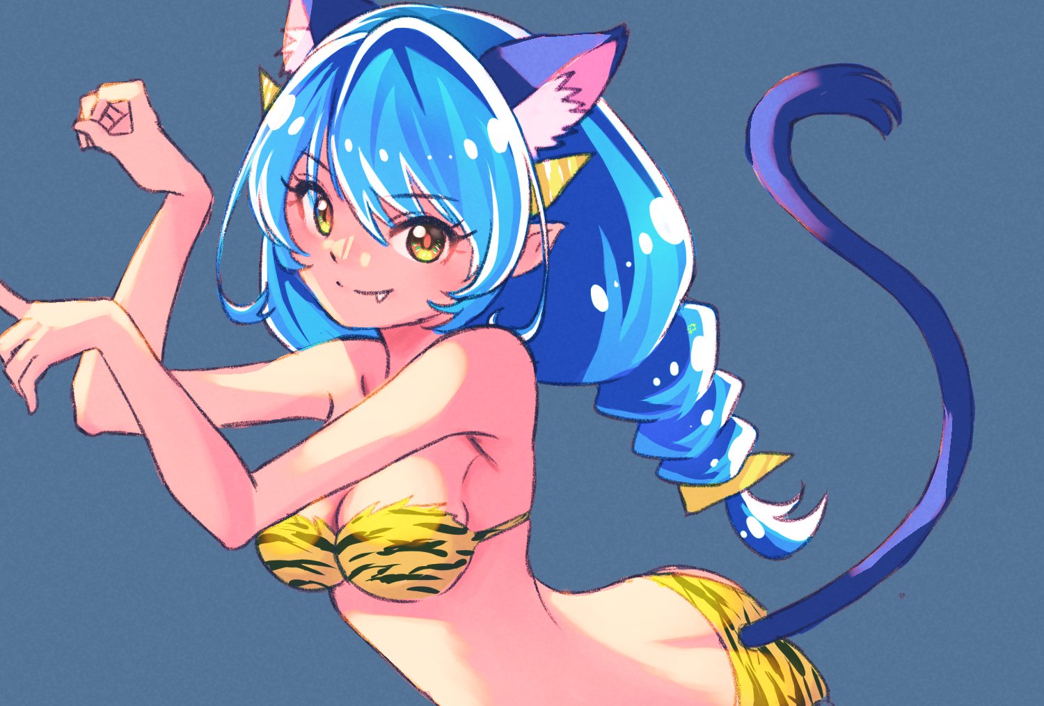 1girl animal_ears animal_print ass bikini blue_hair braid breasts cat_ears cat_girl cat_tail cleavage closed_mouth commentary cosplay extra_ears fang fur_bikini grey_background hair_tie jj_(ssspulse) leaning_forward long_hair looking_at_viewer low_twin_braids lum lum_(cosplay) medium_breasts paw_pose pointy_ears precure print_bikini simple_background smile standing star_twinkle_precure strapless strapless_bikini swimsuit tail tiger_print twin_braids urusei_yatsura voice_actor_connection yellow_bikini yuni_(precure)