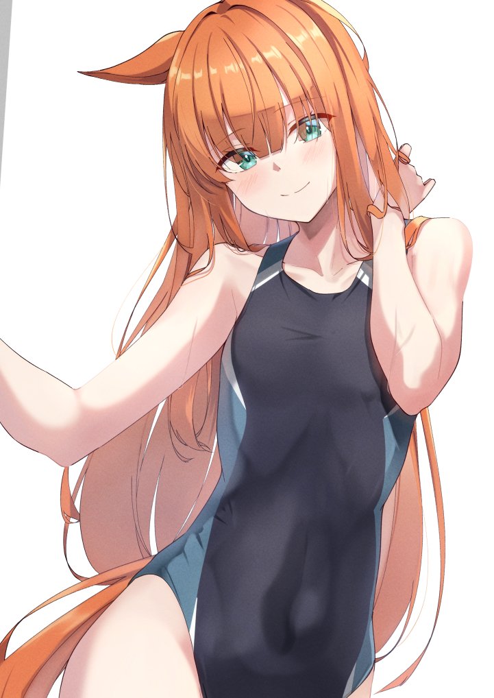1girl animal_ears blue_eyes blush breasts closed_mouth collarbone commentary_request covered_navel hair_between_eyes hair_ornament horse_ears horse_tail long_hair looking_at_viewer pandoa_(mikage0495) silence_suzuka_(umamusume) simple_background small_breasts solo swimsuit tail umamusume white_background