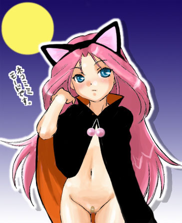 00s 1girl animal_ears aqua_eyes arm_behind_back bandaid bandaid_on_pussy blue_eyes blush breasts breath_of_fire breath_of_fire_ii cape cat_ears cowboy_shot dr.p drop_shadow female_focus gradient_background hat long_hair lowres mushroom_girl outline pasties pink_hair solo spar tsukuyomi_moonphase