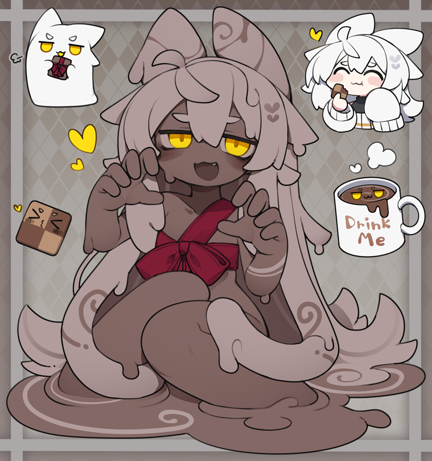 &gt;_&lt; 1girl :3 :d :t ^_^ ahoge animal_ears argyle_background argyle_clothes bags_under_eyes black_shirt blush_stickers box brown_hair checkerboard_cookie chocolate closed_eyes closed_mouth commentary_request cookie cup dark_skin dorodra_(kisaragi_kaya) dripping eating english_text fang flat_chest food food_bite foodification gift gift_box hands_up heart holding holding_box holding_cookie holding_food hot_chocolate jitome kisaragi_kaya long_hair long_sleeves looking_at_viewer monster_girl mug mug_writing multiple_forms multiple_views naked_ribbon open_mouth original puff_of_air red_ribbon ribbon shirt sleeveless sleeveless_shirt sleeveless_turtleneck slime_girl smile smug sweater tentacle_hair turtleneck turtleneck_shirt v-shaped_eyebrows valentine very_long_hair white_hair white_sweater yellow_eyes