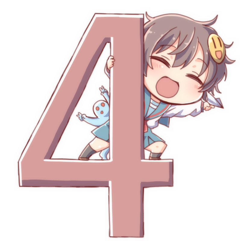 1girl brown_hair celestial_(suzumiya_haruhi) commentary_request countdown female_focus open_mouth school_uniform serafuku short_hair simple_background smile solo suzumiya_haruhi_no_yuuutsu taiki_(6240taiki) watahashi_yasumi white_background